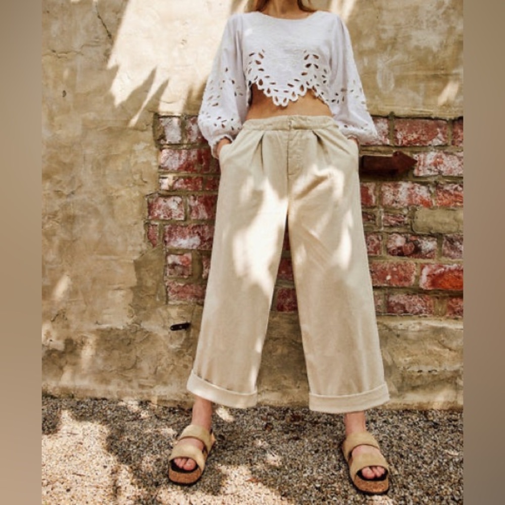 Free People Cream Button-Up Wide Leg Pants